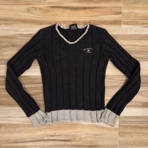 Vintage Polo Jeans Co Ralph Lauren Ribbed V Neck Sweater Grey Flag Logo Y2K M